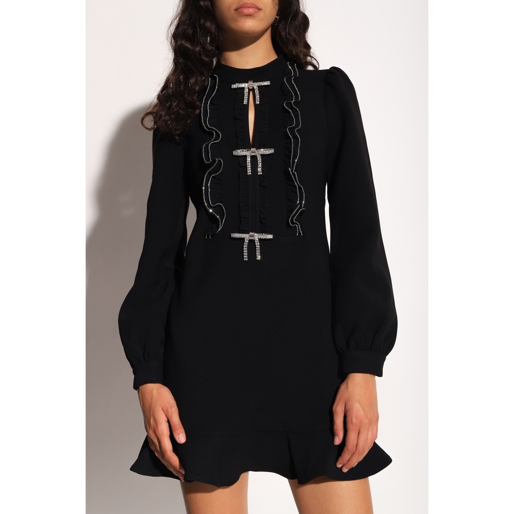 Self-Portrait Black Ruffled Crepe Bib Crystal Bow Ruffle Mini‎ Shirtdress - 2